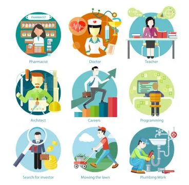 Set of Circle Icons with Different Professions Stock Illustration