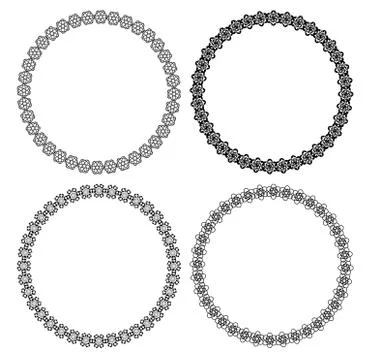 Set of circle lace frames, monochrome outline design, black line on white Stock Illustration