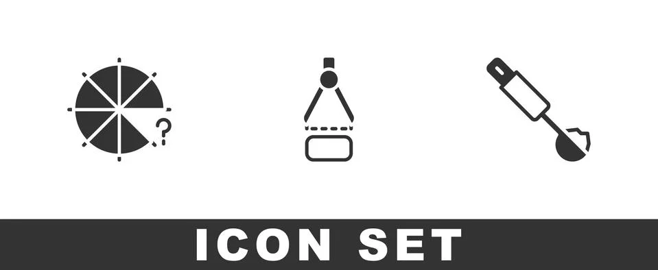 Set Circle of pieces, Drawing compass and Measuring spoon icon. Vector イラスト素材
