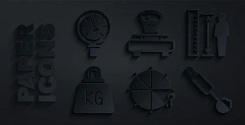 Set Circle of pieces, Measuring height body, Weight, spoon, Scales and Pressure Stock Illustration