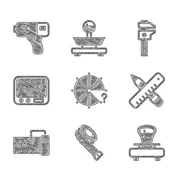 Set Circle of pieces, Measuring tape, Scales, Crossed ruler and pencil, ins.. Stock Illustration