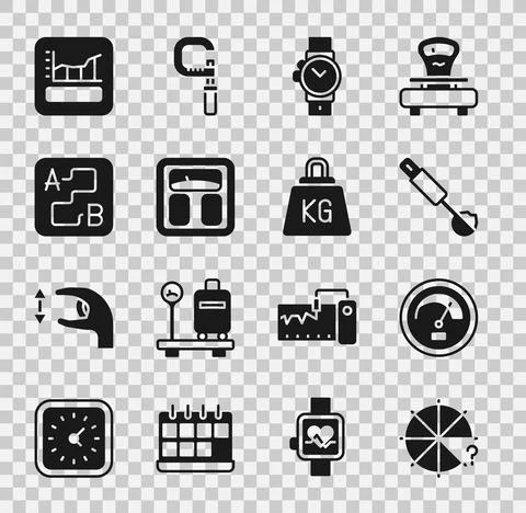 Set Circle of pieces, Speedometer, Measuring spoon, Wrist watch, Bathroom scales Stock Illustration