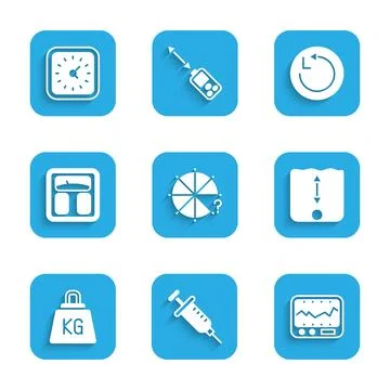Set Circle of pieces, Syringe, Measuring instrument, Depth measurement, Weight Stock Illustration