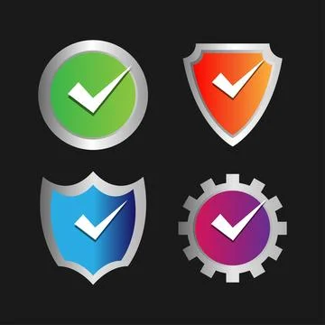 Set of circle, shield, and emblem with check icon. Stock Illustration