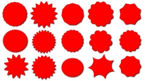 Set of circle sticker, wavy edge promo red badges, starburst shape tags Stock Illustration
