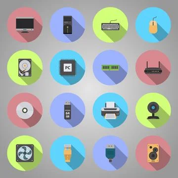 Set of circles flat icons of computer components Stock Illustration