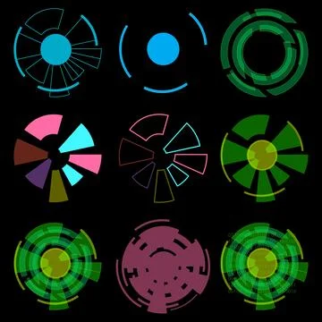 Set of circular cliparts or digital eyes isolated on black background. Stock Illustration