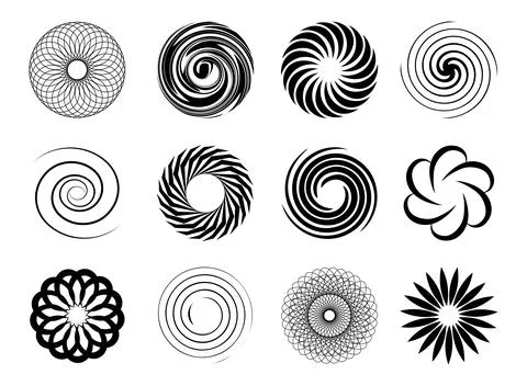 Set of circular curls. Whirlwind and vortex, helicoid. Effects and particles Stockillustratie