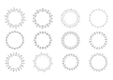 Set of circular decorative frames. Vintage black round borders isolated on wh イラスト素材