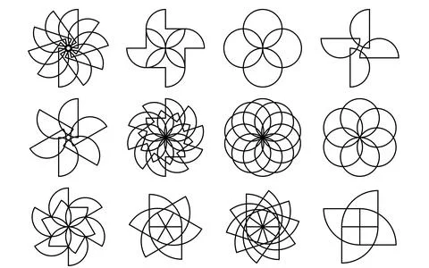 Set of circular geometric line patterns, Minimalist abstract line art manda.. Stock Illustration