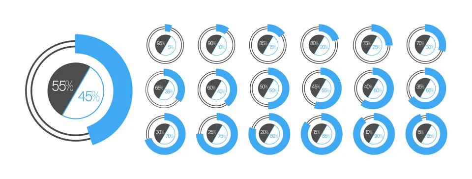 A set of circular infographic elements with values ??from 5 to 95 percent i.. Stock Illustration