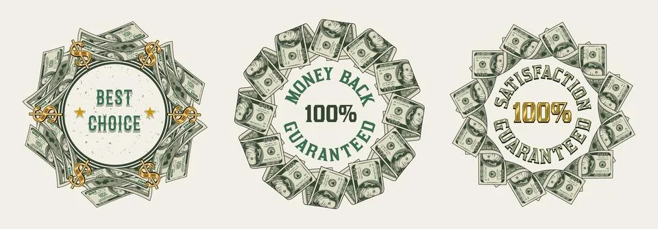 Set of circular money frames with 100 dollar bills Illustrazione stock