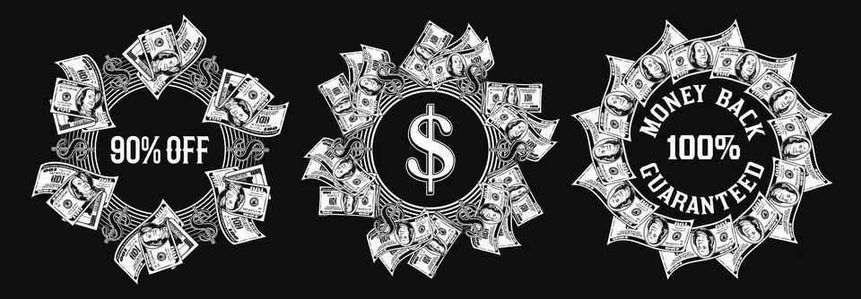 Set of circular money frames with 100 dollar bills Stock Illustration