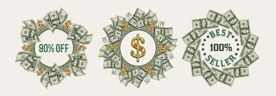 Set of circular money frames with 100 dollar bills Illustrazione stock
