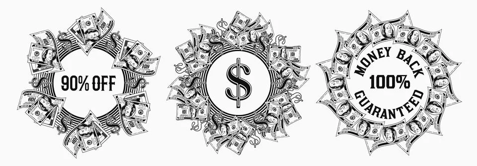 Set of circular money frames with 100 dollar bills Illustrazione stock