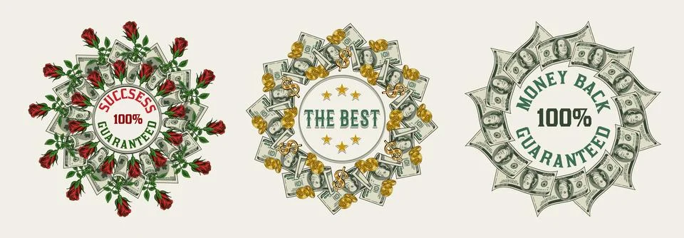 Set of circular money frames with 100 dollar bills Stock Illustration