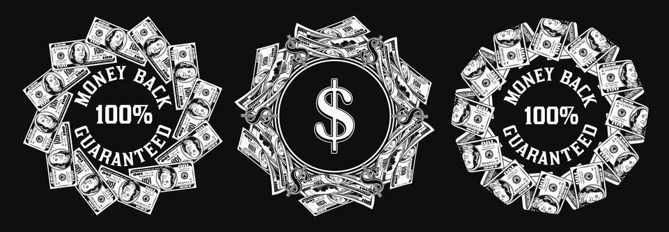 Set of circular money frames with 100 dollar bills Illustrazione stock