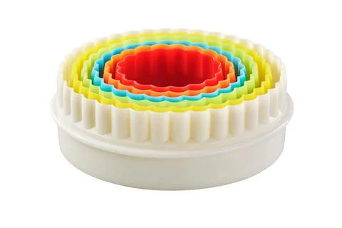 Set of circular plastic double sided cookie cutters, cut out Fotos de archivo