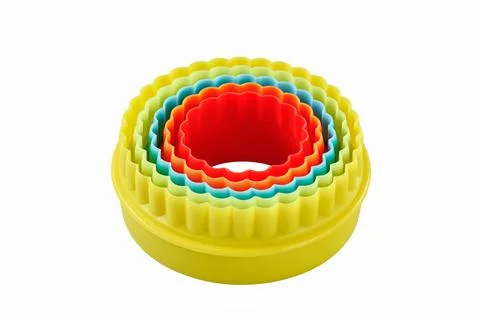 Set of circular plastic double sided cookie cutters, cut out Fotos de archivo