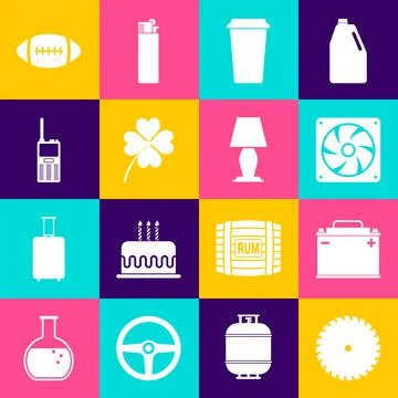 Set Circular saw blade, Car battery, Computer cooler, Coffee cup, Four leaf c Illustrazione stock