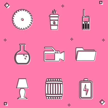 Set Circular saw blade, Coffee cup, Walkie talkie, Test tube and flask, Cinema Ilustración de archivo