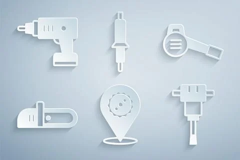 Set Circular saw blade, Leaf garden blower, Chainsaw, Construction jackhammer Stock Illustration