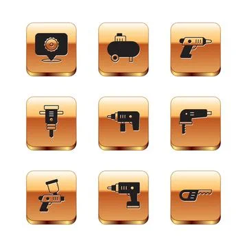 Set Circular saw blade, Paint spray gun, Electric cordless screwdriver, drill Stock Illustration