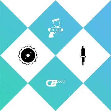 Set Circular saw blade, Reciprocating, Paint spray gun and Soldering iron ico Stock Illustration