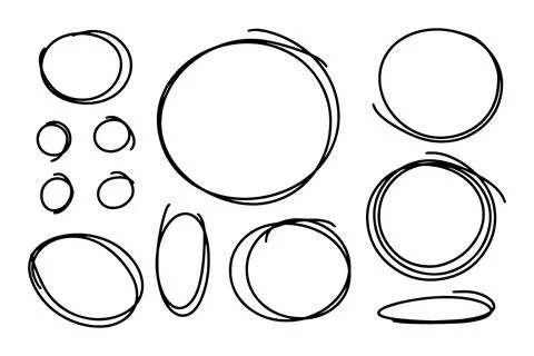 Set of circular scribbles outline doodle frames. Oval banner collection Stock Illustration
