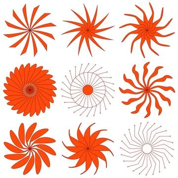 Set of circular shape with petals like sun or flower isolated on white. Stock Illustration