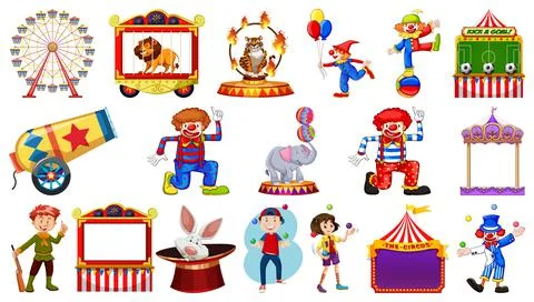 Set of circus characters and amusement park elements Stock Illustration