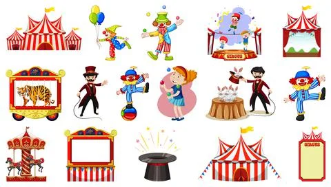 Set of circus characters and amusement park elements Stock Illustration