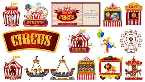 Set of circus characters and amusement park elements Ilustração Stock