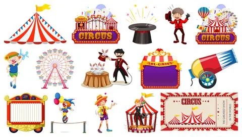 Set of circus characters and amusement park elements Ilustração Stock