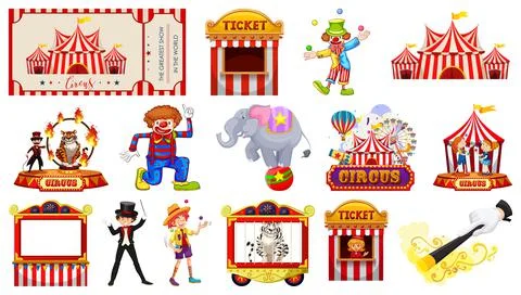 Set of circus characters and amusement park elements Ilustração Stock