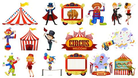 Set of circus characters and amusement park elements Stock Illustration