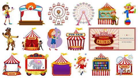 Set of circus characters and amusement park elements Ilustração Stock