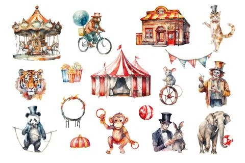 Set of circus elements. Wedding clipart for circus ticket, sticker and print. Stock Illustration