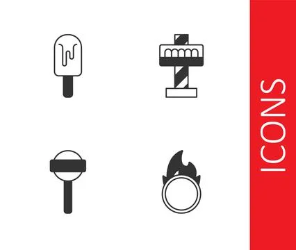 Set Circus fire hoop, Ice cream, Lollipop and Attraction carousel icon. Vecto Illustrazione stock