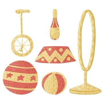Set circus props isolated on white background. Collection carnival equipment  Illustrazione stock