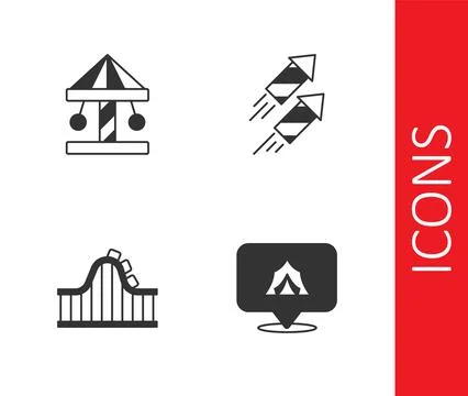 Set Circus tent, Attraction carousel, Roller coaster and Firework rocket ic.. Stock Illustration