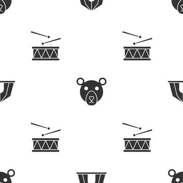 Set Circus tent, Bear head and Drum with drum sticks on seamless pattern. Vector Stock Illustration