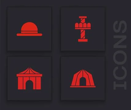 Set Circus tent, Clown hat, Attraction carousel and icon. Vector Illustrazione stock