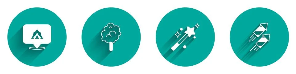 Set Circus tent, Cotton candy, Magic wand and Firework rocket icon with lon.. Illustrazione stock