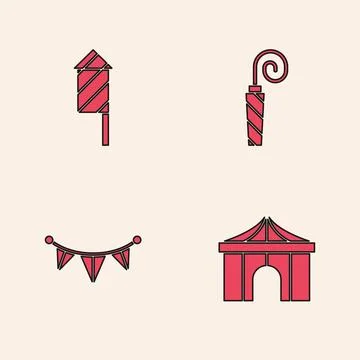 Set Circus tent, Firework rocket, Birthday party horn and Carnival garland .. Illustrazione stock