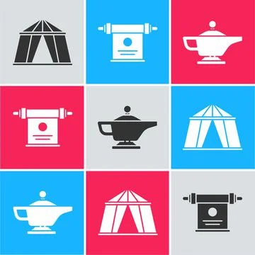 Set Circus tent, Magic scroll and Magic lamp or Aladdin icon. Vector Illustrazione stock