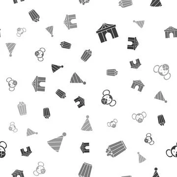 Set Circus tent, Popcorn in box, Monkey and Party hat on seamless pattern. Ve Stock Illustration