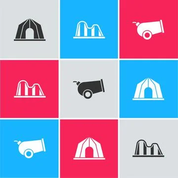 Set Circus tent, Roller coaster and Cannon icon. Vector イラスト素材