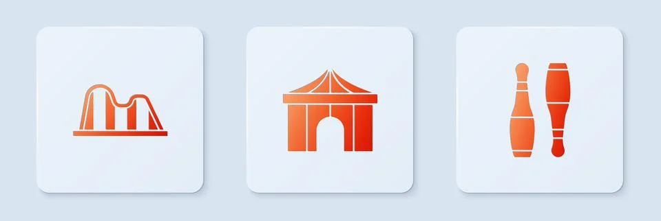 Set Circus tent, Roller coaster and Bowling pin. White square button. Vector Illustrazione stock