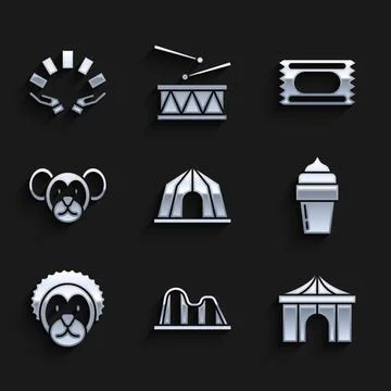 Set Circus tent, Roller coaster, Ice cream, Wild lion, Monkey, ticket and Hand Stock Illustration